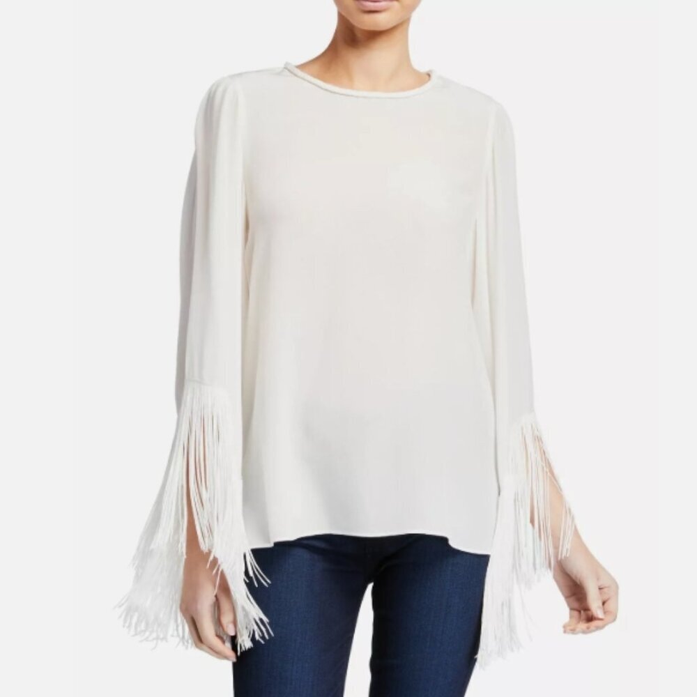 Kobi Halperin Joanie Crewneck Fringe-Sleeve Silk Blouse